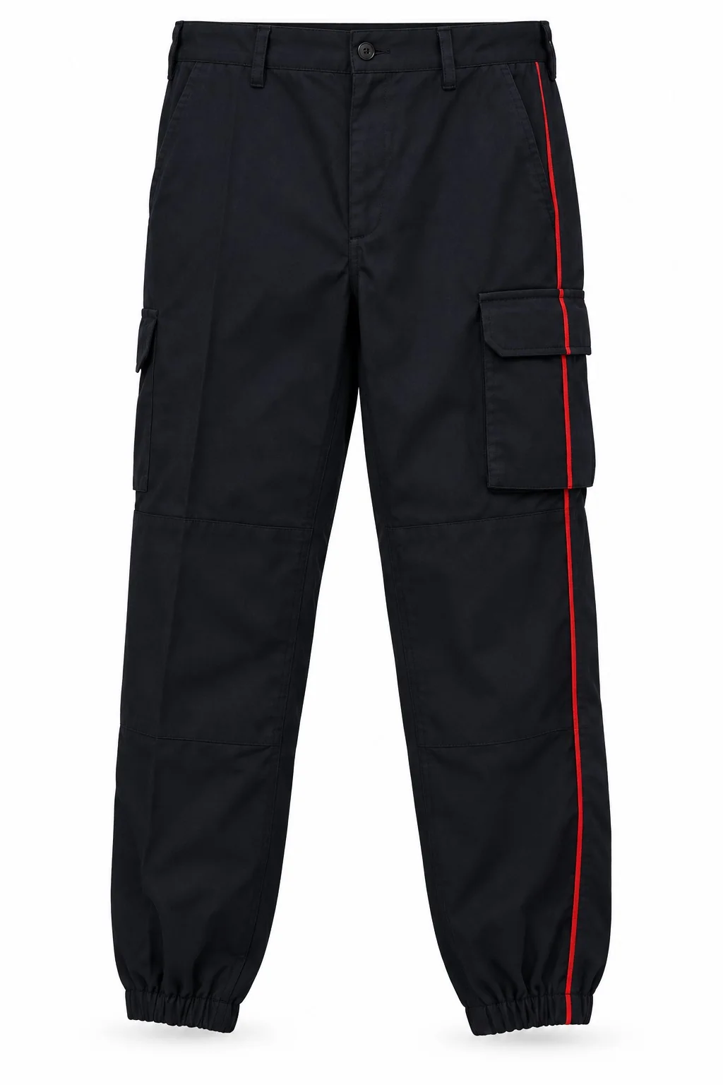 Pantalon multipoches noir, passepoil rouge