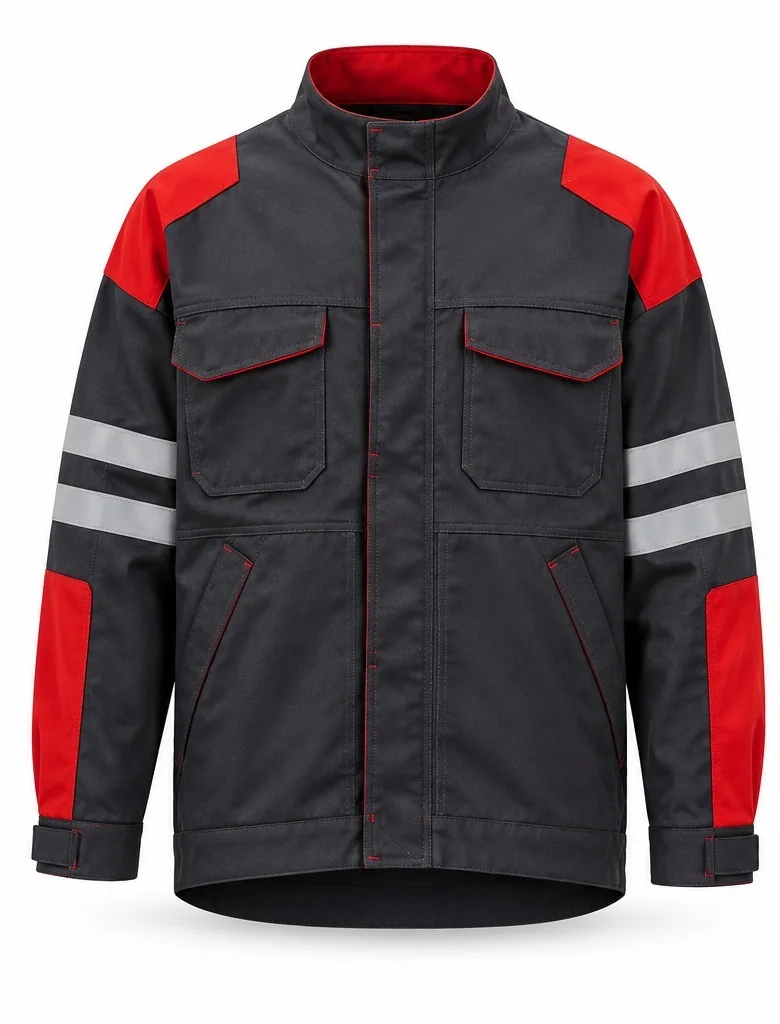 Veste grise et rouge, bandes réfléchissantes